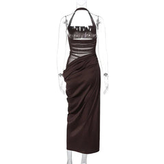 Mesh Patchwork Backless Halter Bodycon Gown Mssaz Desses