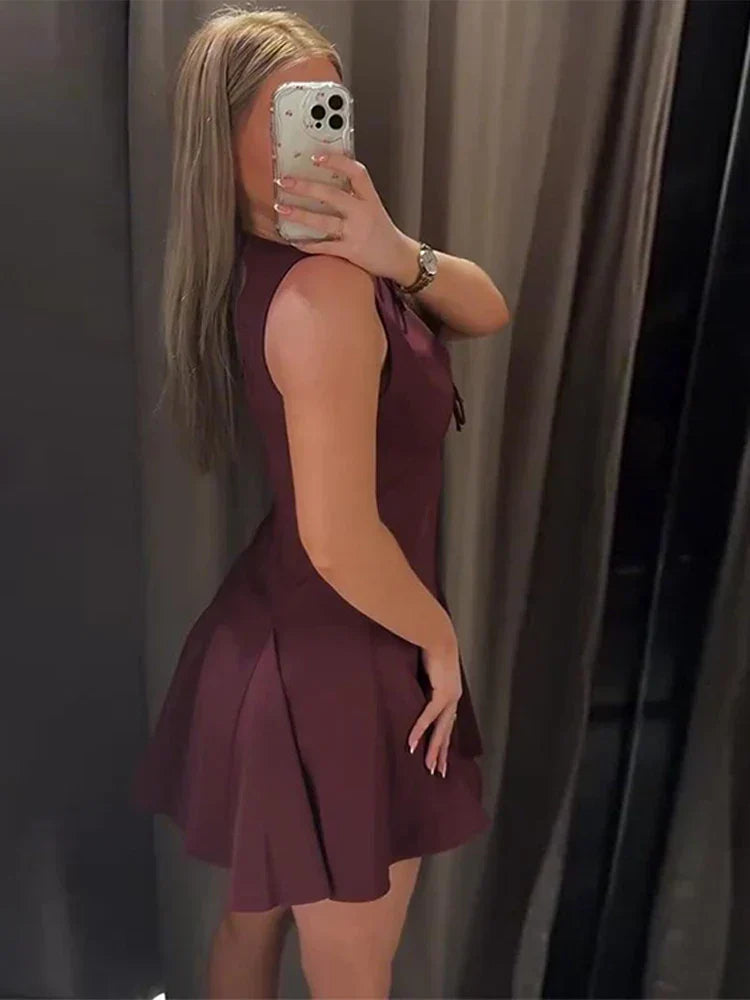 Hollow Out Bow Solid Sleeveless Pleated Dress Mssaz Desses