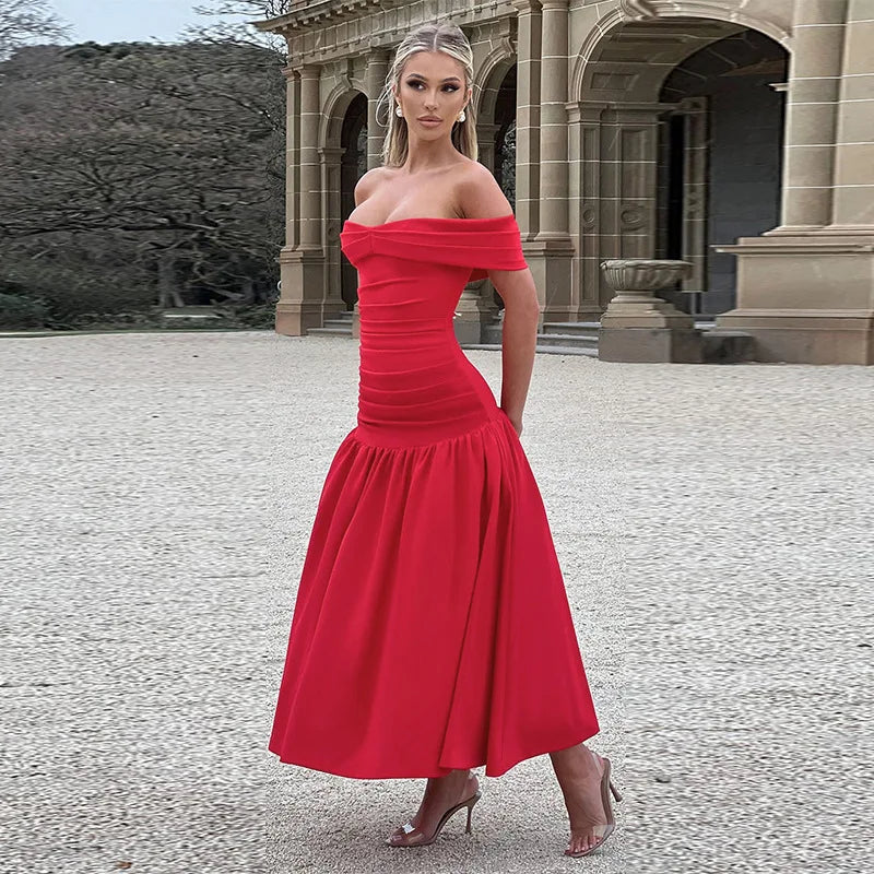 Slash Neck Off Shoulder Solid Dress Mssaz Desses