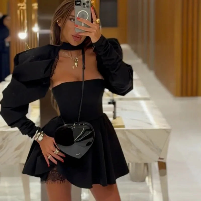 Puff Long-sleeved Black Mini Dress Mssaz Desses