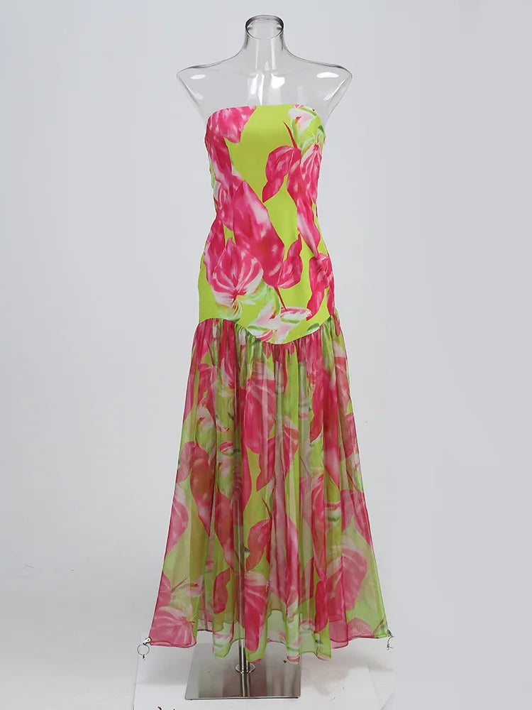 Strapless Retro Print Split Long Dress Mssaz Desses