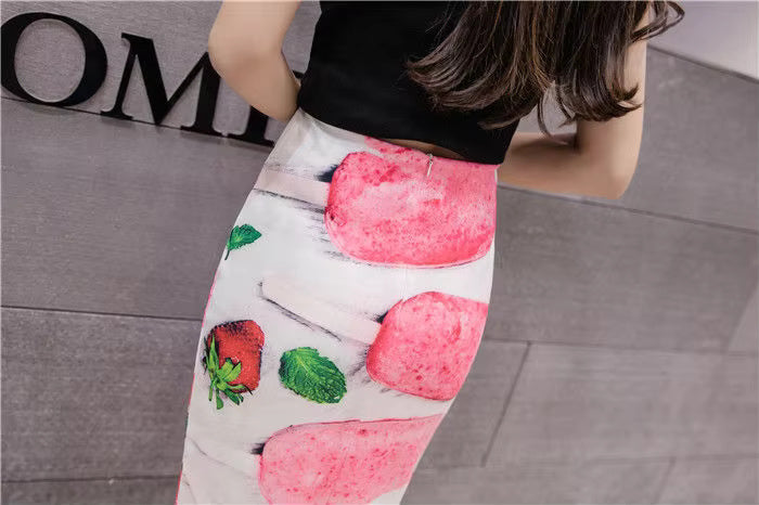 Mermaid Printed Split Style High Waist Slim Zipper Bag Hip Vintage All-match Skirt Mssza