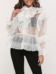 Sheer Bows Embellished Collar Retro Long Sleeves Organza Tops Mssza