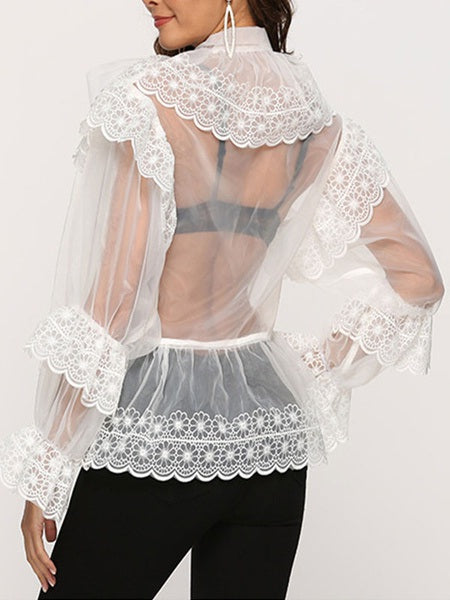 Sheer Bows Embellished Collar Retro Long Sleeves Organza Tops Mssza