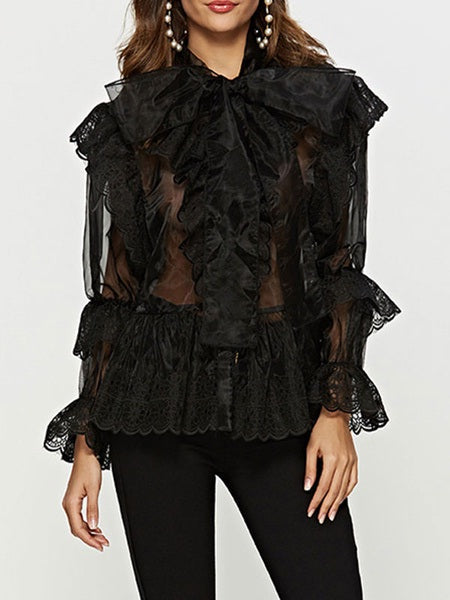 Sheer Bows Embellished Collar Retro Long Sleeves Organza Tops Mssza