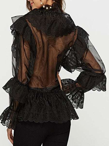 Sheer Bows Embellished Collar Retro Long Sleeves Organza Tops Mssza
