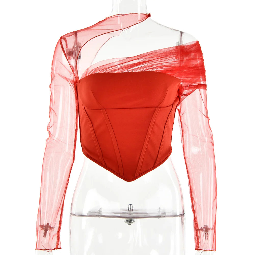 Sheer Mesh Sleeve Top With Zipper Strapless Backless Corset Tops Club Party Short Tops Mssza