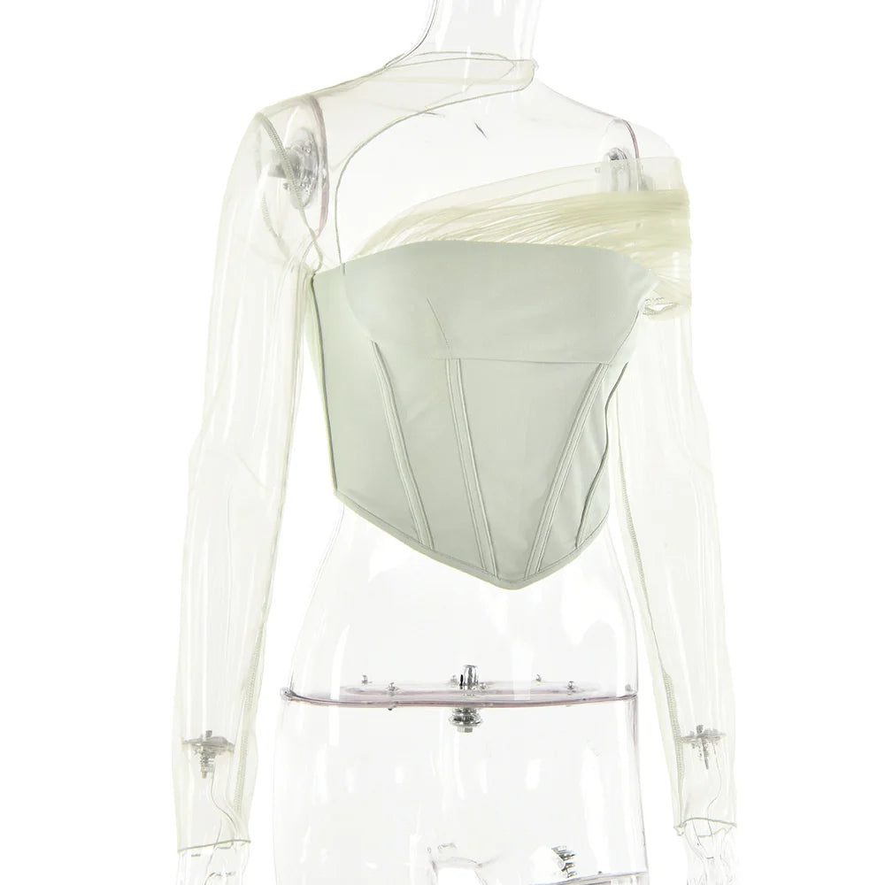 Sheer Mesh Sleeve Top With Zipper Strapless Backless Corset Tops Club Party Short Tops Mssza