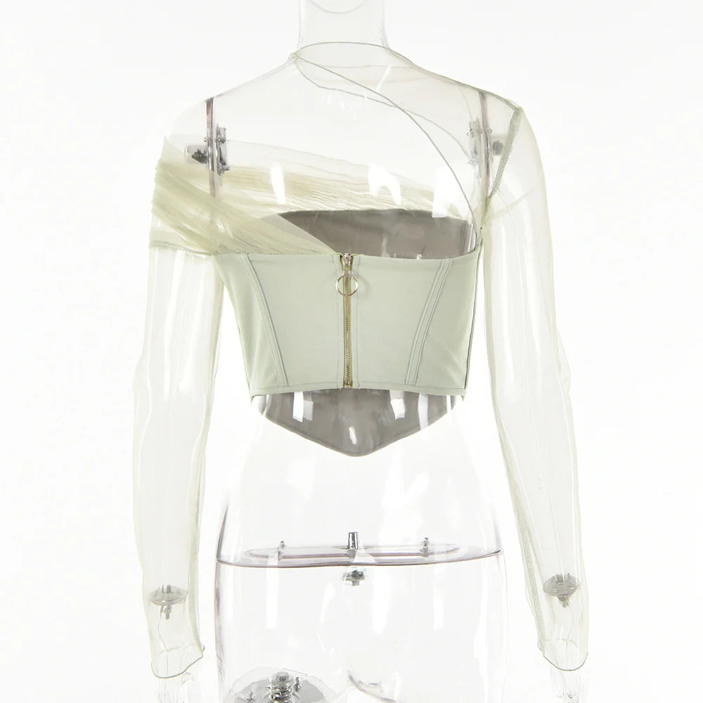 Sheer Mesh Sleeve Top With Zipper Strapless Backless Corset Tops Club Party Short Tops Mssza