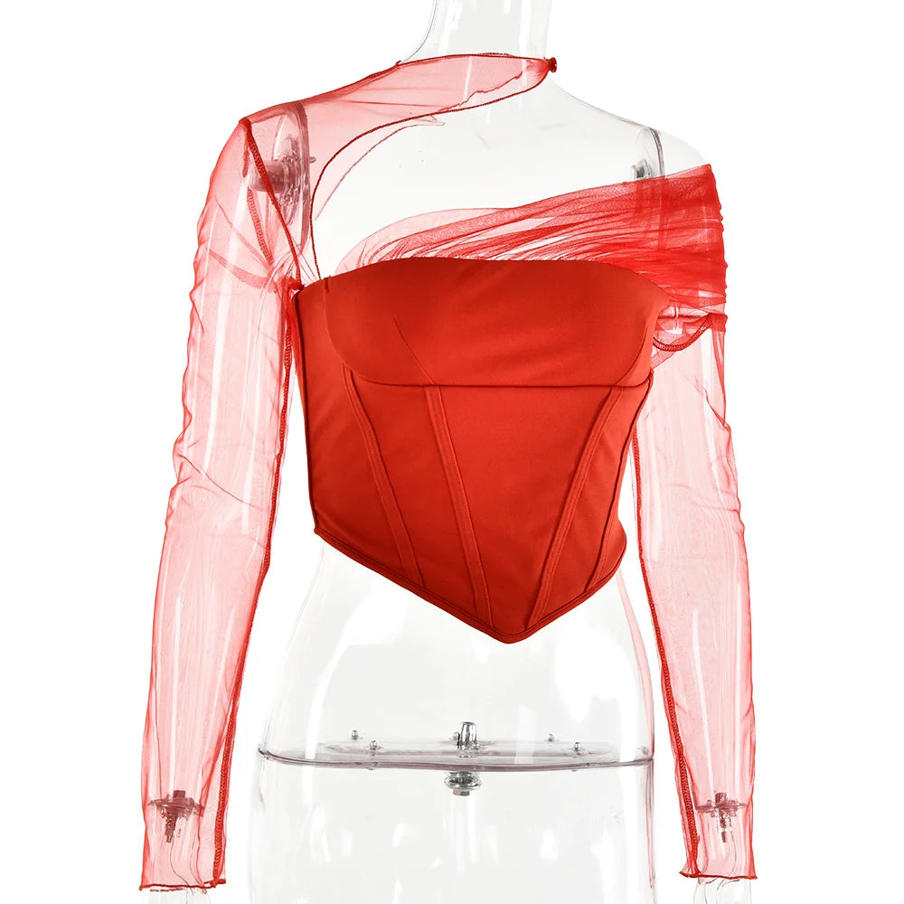 Sheer Mesh Sleeve Top With Zipper Strapless Backless Corset Tops Club Party Short Tops Mssza