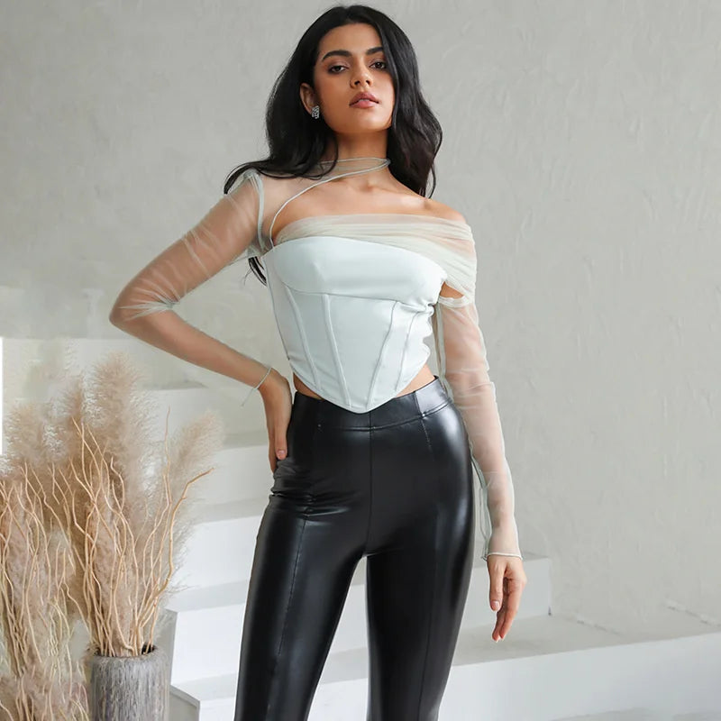 Sheer Mesh Sleeve Top With Zipper Strapless Backless Corset Tops Club Party Short Tops Mssza
