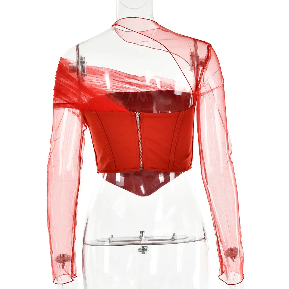 Sheer Mesh Sleeve Top With Zipper Strapless Backless Corset Tops Club Party Short Tops Mssza