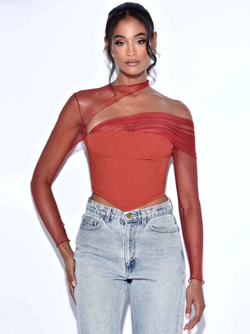Sheer Mesh Sleeve Top With Zipper Strapless Backless Corset Tops Club Party Short Tops Mssza