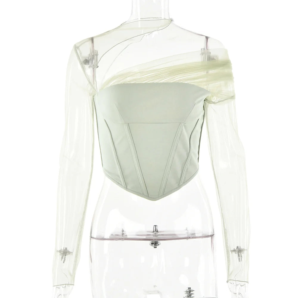 Sheer Mesh Sleeve Top With Zipper Strapless Backless Corset Tops Club Party Short Tops Mssza