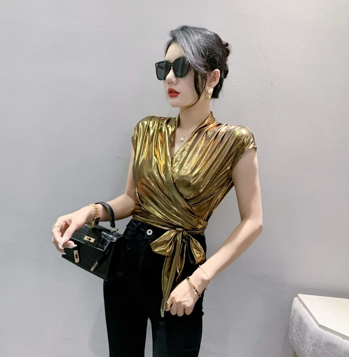 Shinny Short Sleeve Irregular Short Wrap Shirt Bandage Tops Mssza