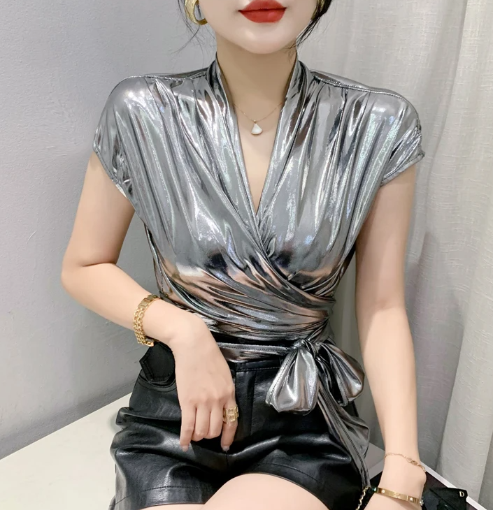 Shinny Short Sleeve Irregular Short Wrap Shirt Bandage Tops Mssza