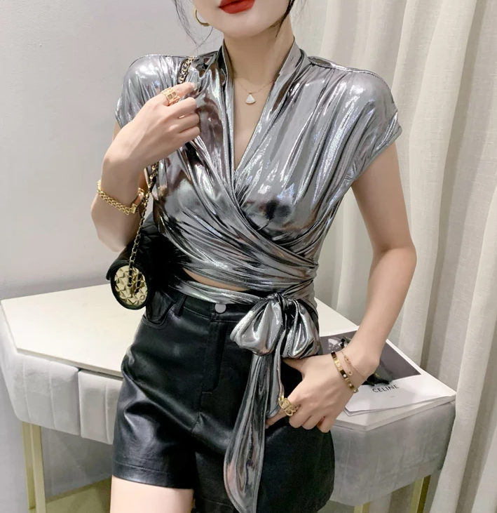 Shinny Short Sleeve Irregular Short Wrap Shirt Bandage Tops Mssza