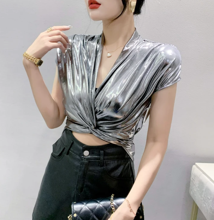 Shinny Short Sleeve Irregular Short Wrap Shirt Bandage Tops Mssza