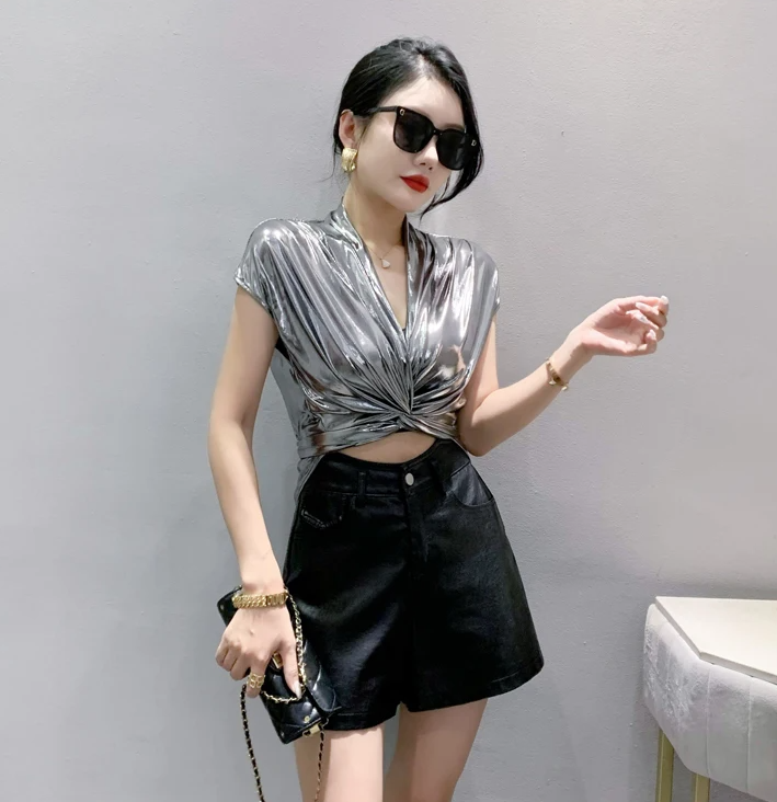 Shinny Short Sleeve Irregular Short Wrap Shirt Bandage Tops Mssza