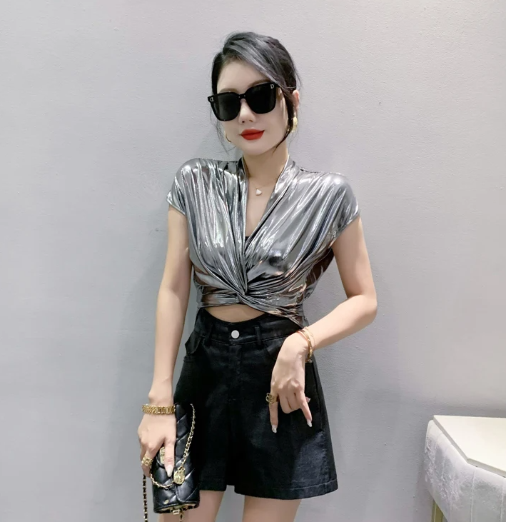 Shinny Short Sleeve Irregular Short Wrap Shirt Bandage Tops Mssza