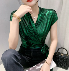 Shinny Short Sleeve Irregular Short Wrap Shirt Bandage Tops Mssza