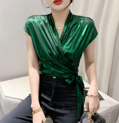 Shinny Short Sleeve Irregular Short Wrap Shirt Bandage Tops Mssza