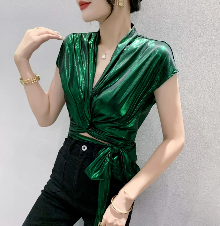 Shinny Short Sleeve Irregular Short Wrap Shirt Bandage Tops Mssza