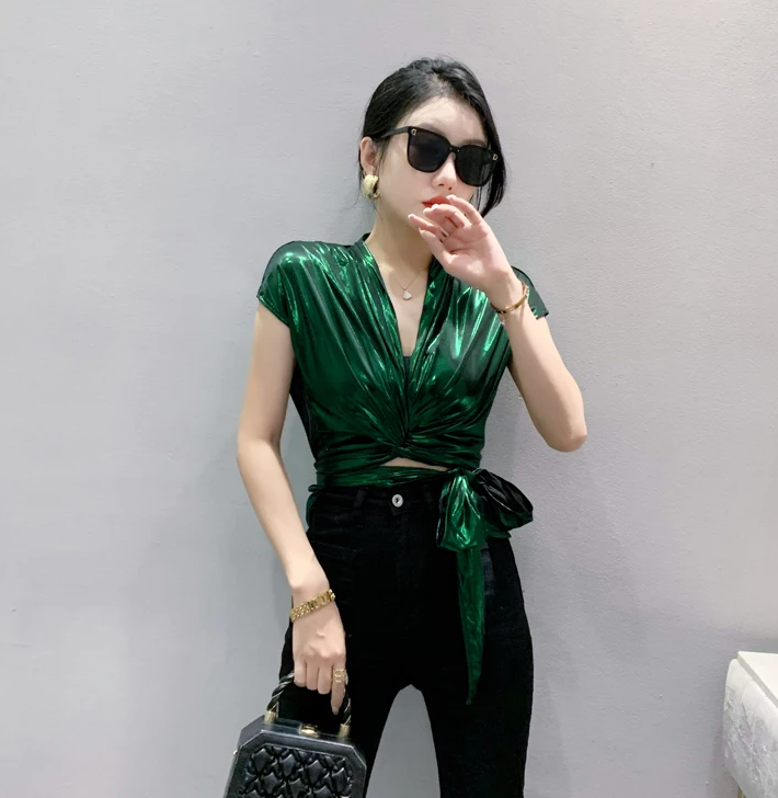 Shinny Short Sleeve Irregular Short Wrap Shirt Bandage Tops Mssza