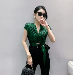 Shinny Short Sleeve Irregular Short Wrap Shirt Bandage Tops Mssza