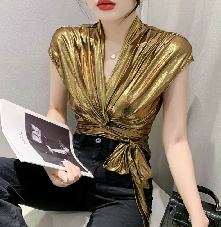 Shinny Short Sleeve Irregular Short Wrap Shirt Bandage Tops Mssza