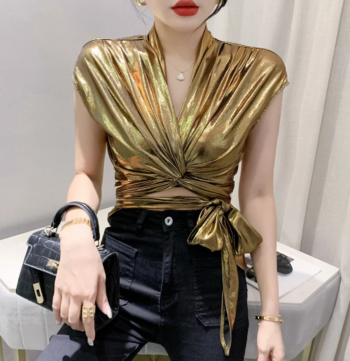 Shinny Short Sleeve Irregular Short Wrap Shirt Bandage Tops Mssza