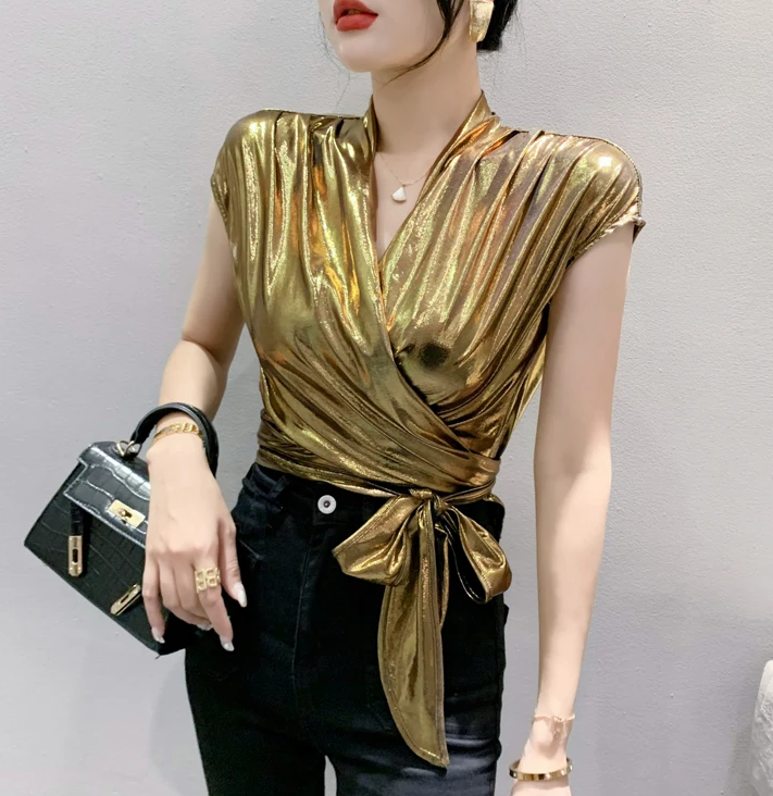 Shinny Short Sleeve Irregular Short Wrap Shirt Bandage Tops Mssza
