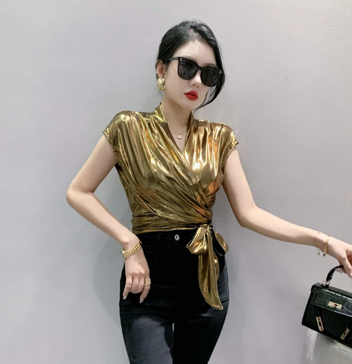 Shinny Short Sleeve Irregular Short Wrap Shirt Bandage Tops Mssza