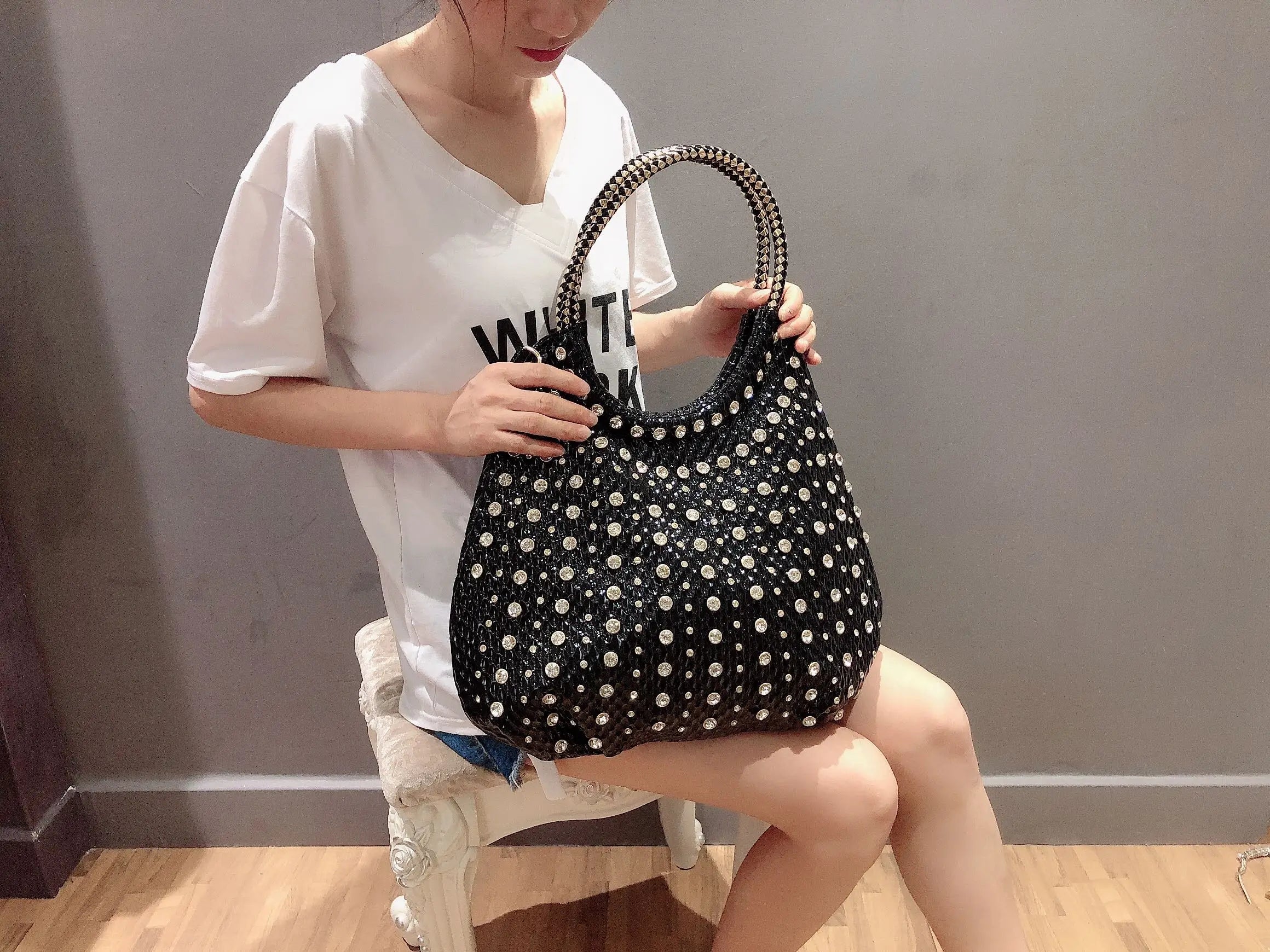 Shiny Diamonds Designer Bling Crystal Rivets Strap Crossbody Shoulder Bags Mssza