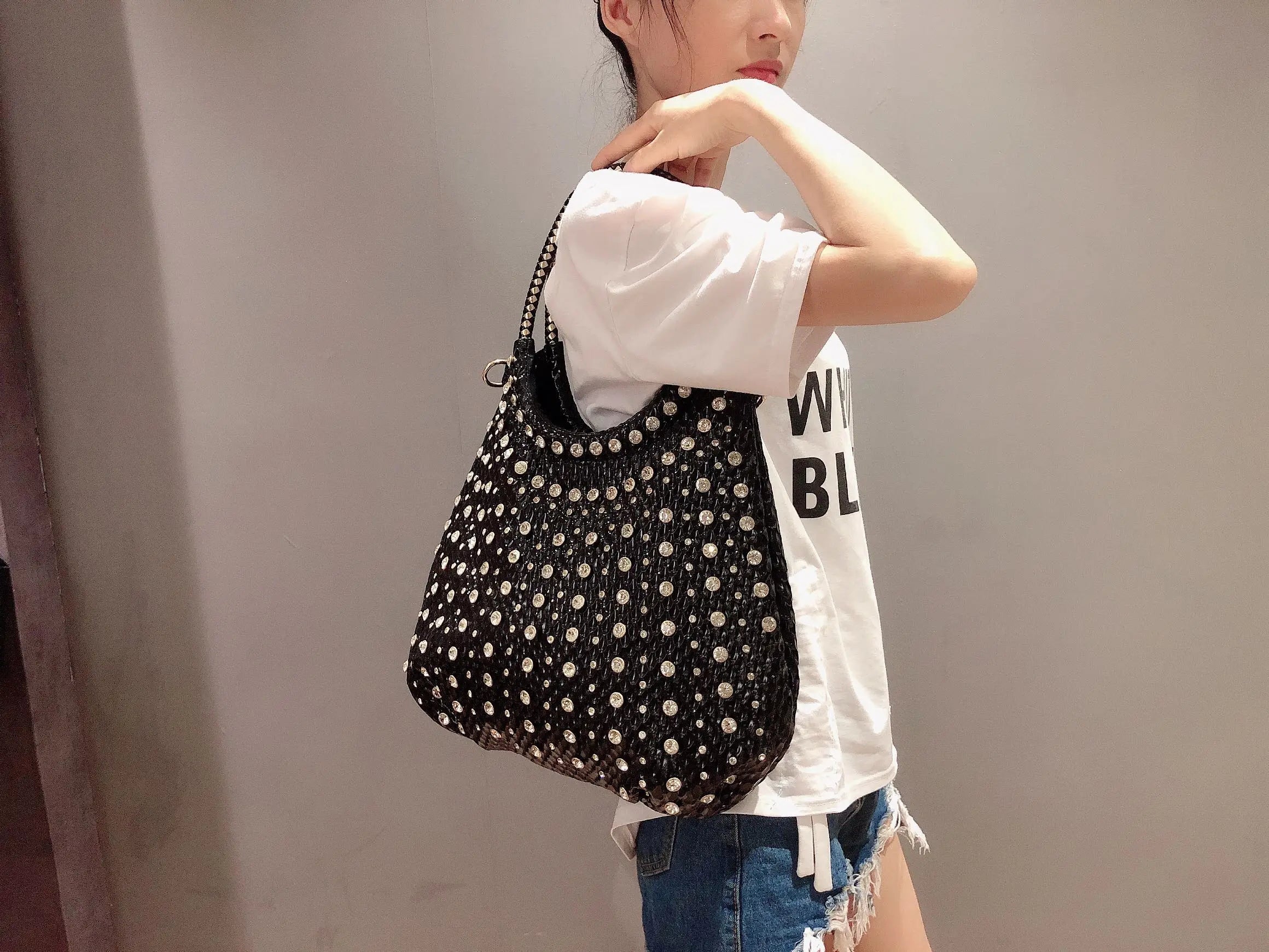 Shiny Diamonds Designer Bling Crystal Rivets Strap Crossbody Shoulder Bags Mssza