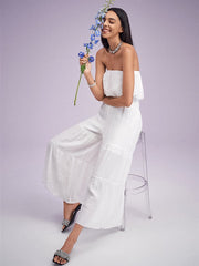 Shirred Waist Open Back Solid Wide Leg Tube Jumpsuit Mssza