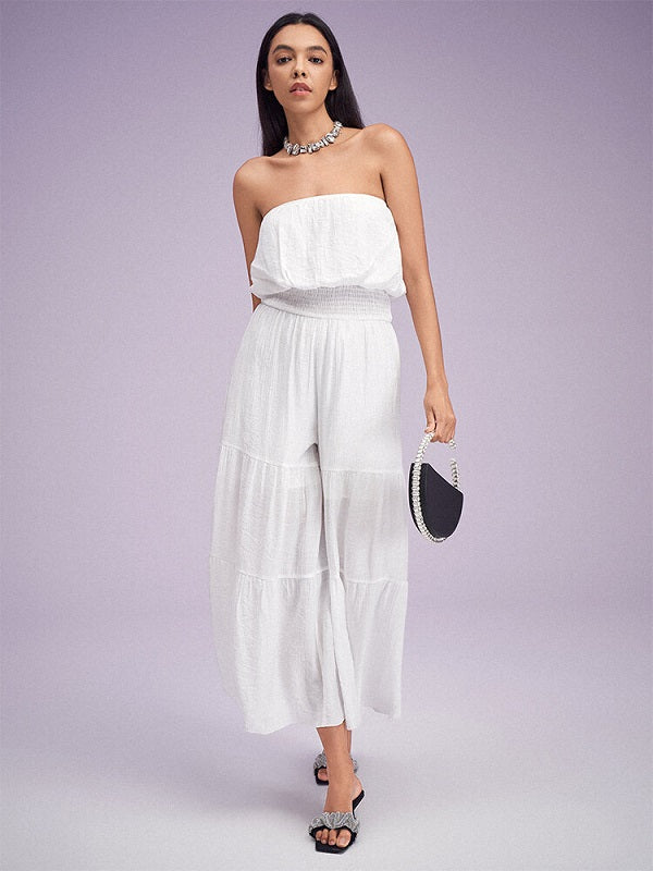 Shirred Waist Open Back Solid Wide Leg Tube Jumpsuit Mssza