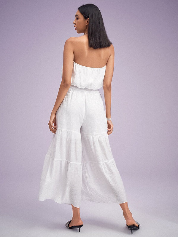 Shirred Waist Open Back Solid Wide Leg Tube Jumpsuit Mssza