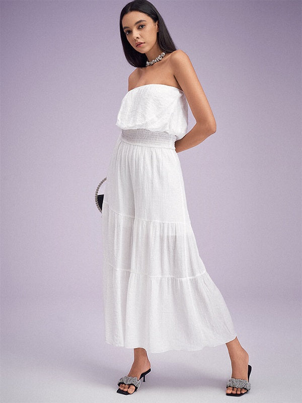 Shirred Waist Open Back Solid Wide Leg Tube Jumpsuit Mssza