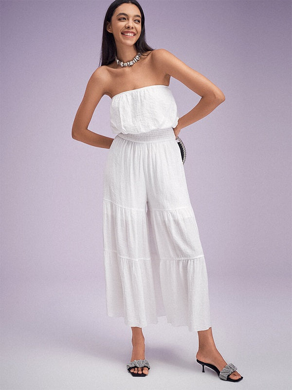 Shirred Waist Open Back Solid Wide Leg Tube Jumpsuit Mssza