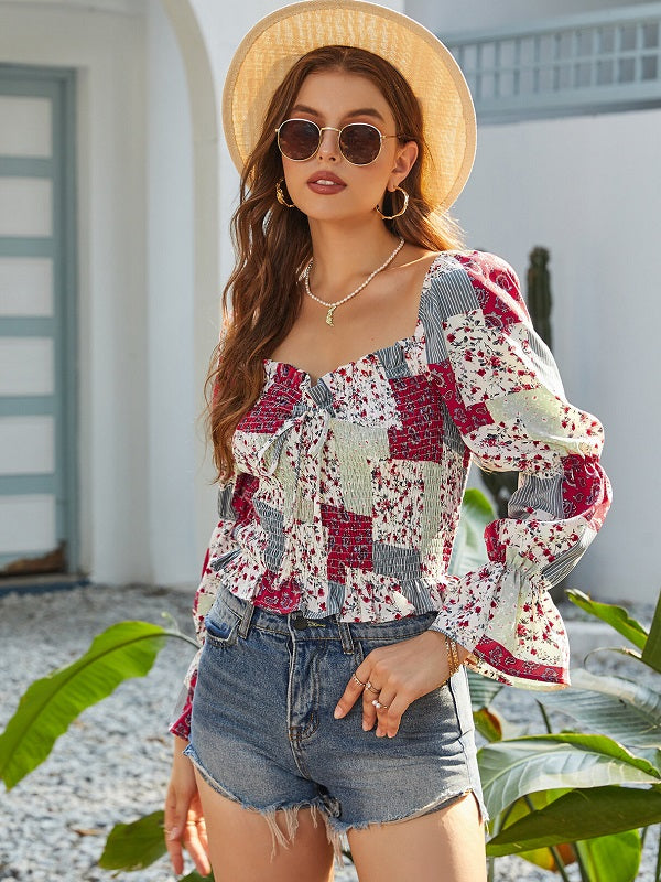 Shirring Backless Square Neck Long Sleeves Blouse Mssza