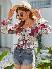 Shirring Backless Square Neck Long Sleeves Blouse Mssza