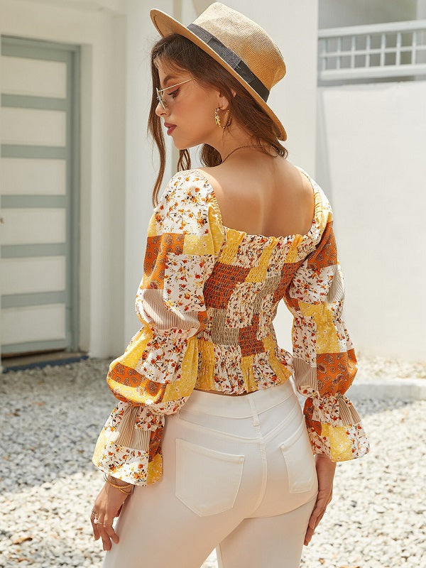 Shirring Backless Square Neck Long Sleeves Blouse Mssza