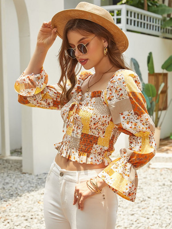 Shirring Backless Square Neck Long Sleeves Blouse Mssza