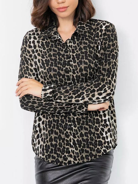 Shirt Leopard Buttons Turndown Collar Long Sleeves Chiffon Tops Mssza