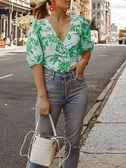 Shirt Polyester V Neck Casual Floral Print Half Sleeves Tops Mssza
