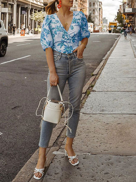 Shirt Polyester V Neck Casual Floral Print Half Sleeves Tops Mssza