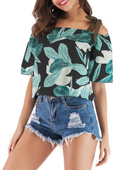 Shirt Printed Bateau Neck Casual Short Sleeves Chiffon Tops Mssza