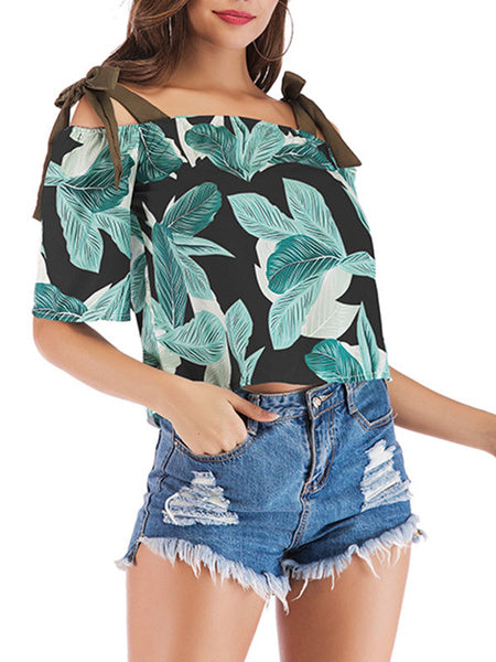 Shirt Printed Bateau Neck Casual Short Sleeves Chiffon Tops Mssza