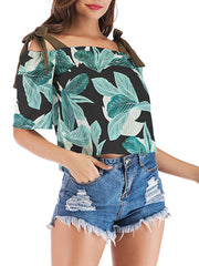 Shirt Printed Bateau Neck Casual Short Sleeves Chiffon Tops Mssza